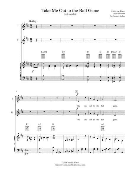 Free Sheet Music Take Me Out To The Ball Game For 2 Part Choir With Piano Optional Guitar