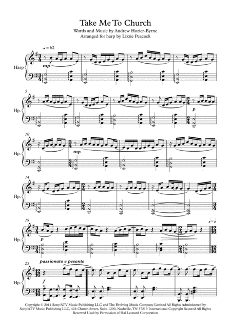 Free Sheet Music Take Me To Church Pedal Harp Solo