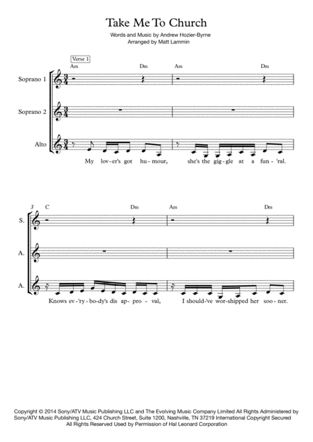 Take Me To Church Ssa Sheet Music