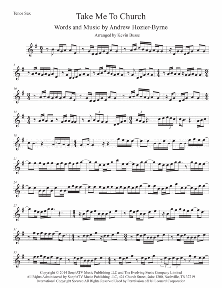 Take Me To Church Tenor Sax Sheet Music