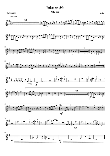 Free Sheet Music Take On Me Alto Sax