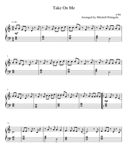 Take On Me Piano Arrangement Sheet Music