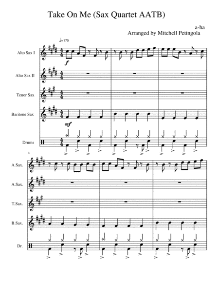 Take On Me Saxophone Quartet Sheet Music