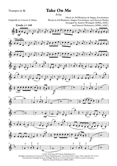 Take On Me Trumpet In B Flat Sheet Music