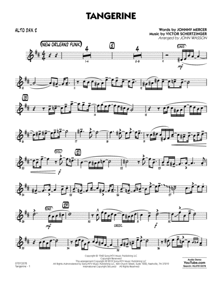 Tangerine Arr John Wasson Alto Sax 2 Sheet Music