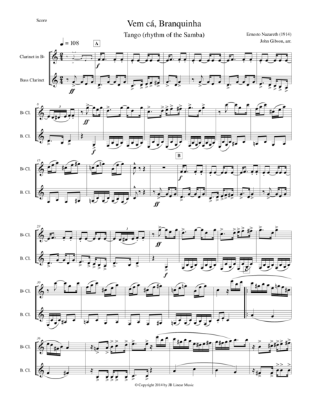 Tango By Nazareth For Clarinet And Bass Clarinet Duet Sheet Music