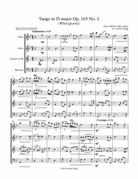 Free Sheet Music Tango In D Major Wind Quartet Op 165 No 2