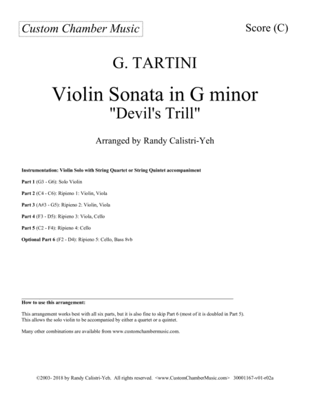 Tartini Devils Trill Sonata Solo Violin And String Quartet Quintet Sheet Music