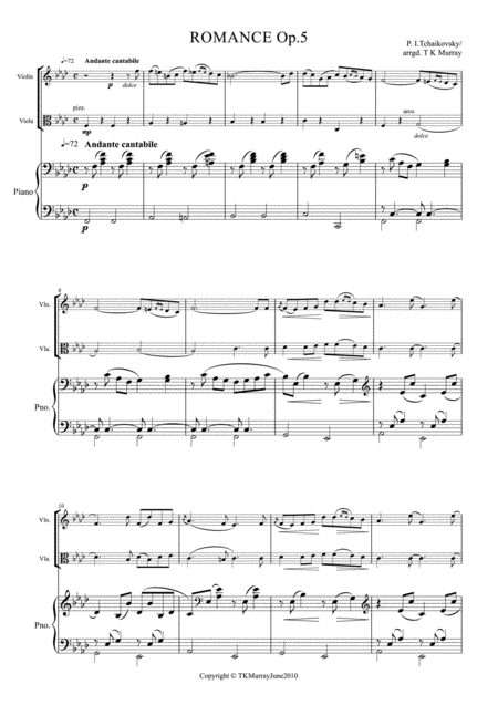 Tchaikovsky Romance Op 5 Violin Viola Piano Sheet Music