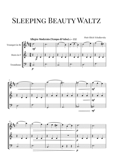 Free Sheet Music Tchaikovsky Sleeping Beauty Waltz For Trumpet Horn In F And Trombone Brass Trio