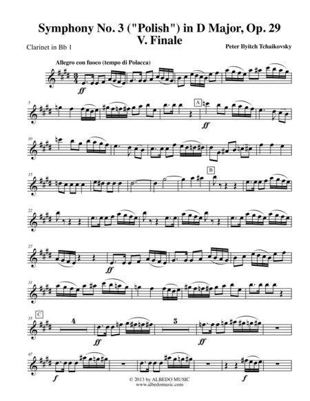 Tchaikovsky Symphony No 3 Movement V Clarinet In Bb 1 Transposed Part Op 29 Sheet Music