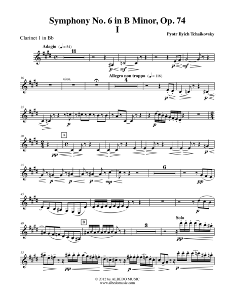 Tchaikovsky Symphony No 6 Movement I Clarinet In Bb 1 Transposed Part Op 74 Sheet Music