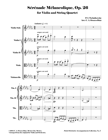 Tchaikowsky Srnade Mlancolique Op 26 For Violin And String Quartet Reduction Of The Original Accompaniment Score And Parts Sheet Music