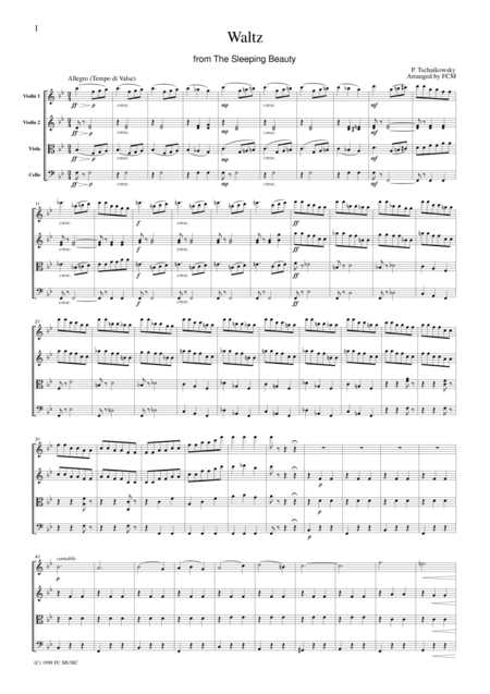 Free Sheet Music Tchaikowsky Waltz From The Sleeping Beauty For String Quartet Ct003