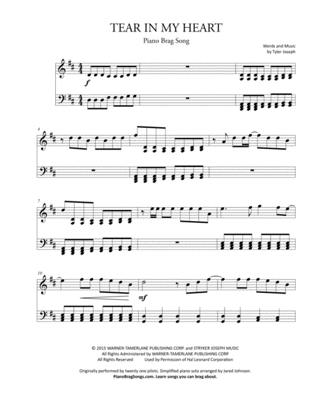 Free Sheet Music Tear In My Heart Simplified Piano Solo Twenty One Pilots