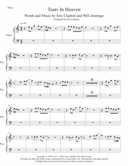 Tears In Heaven Easy Key Of C Piano Sheet Music