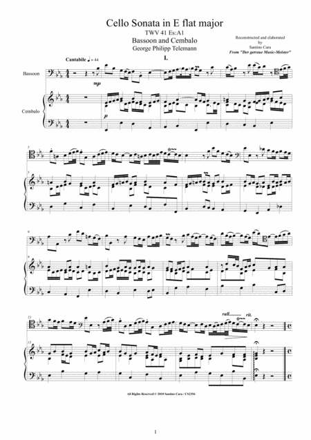 Telemann Bassoon Sonata In E Flat Twv 41esa1 For Bassoon And Cembalo Or Piano Sheet Music