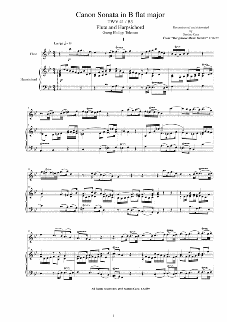 Free Sheet Music Telemann Canon Sonata In B Flat Major Twv 41 B3 For Flute And Harpsichord