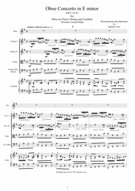 Telemann Concerto In E Minor Twv 51 E1 For Oboe Or Flute Strings And Continuo Sheet Music