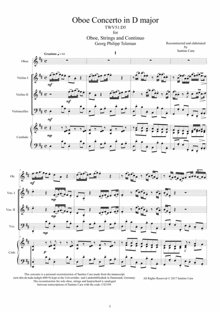 Telemann Oboe Concerto In D Major Twv 51d5 For Oboe Strings And Continuo Sheet Music