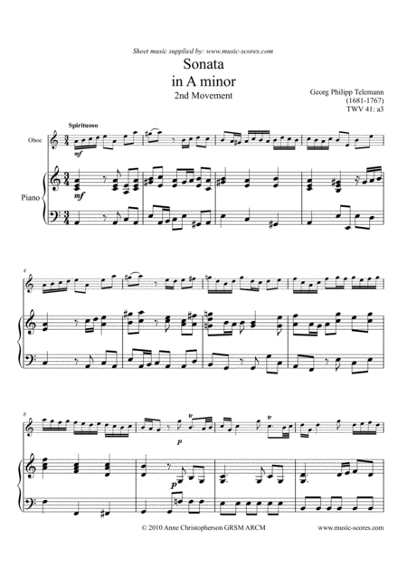 Telemann Sonata In A Minor Twv 41 A3 2nd Movement Oboe And Piano Sheet Music