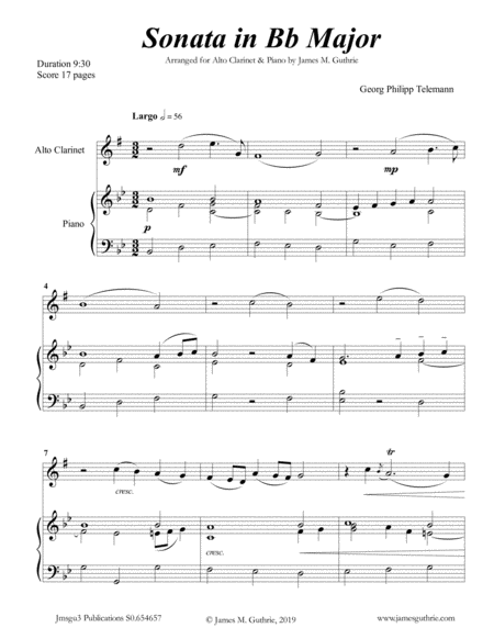 Telemann Sonata In Bb Major For Alto Clarinet Piano Sheet Music