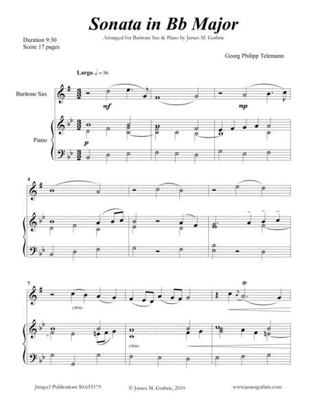 Free Sheet Music Telemann Sonata In Bb Major For Baritone Sax Piano