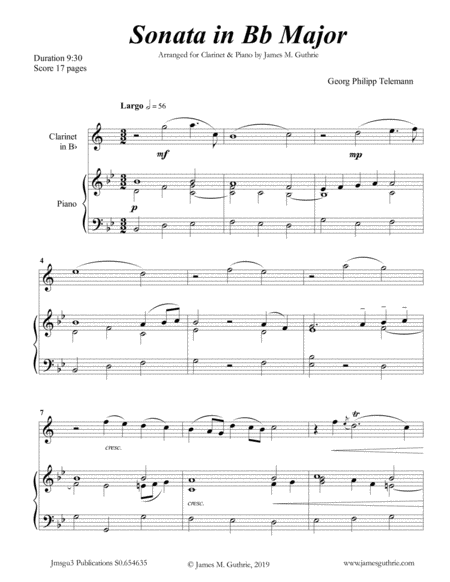 Telemann Sonata In Bb Major For Clarinet Piano Sheet Music