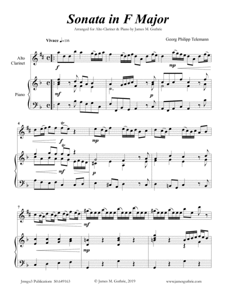 Free Sheet Music Telemann Sonata In F Major For Alto Clarinet Piano