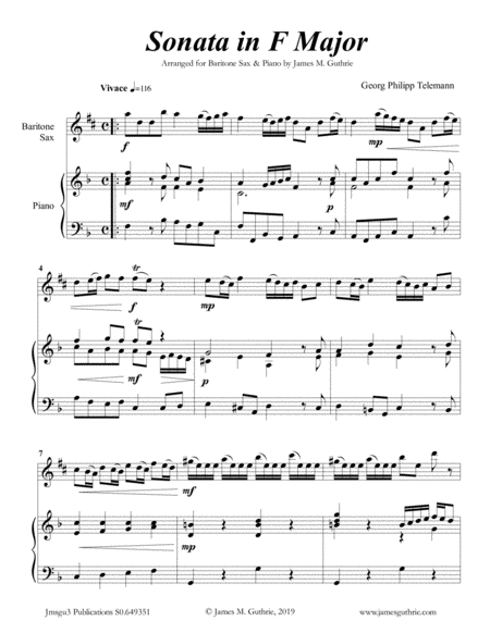 Free Sheet Music Telemann Sonata In F Major For Baritone Sax Piano