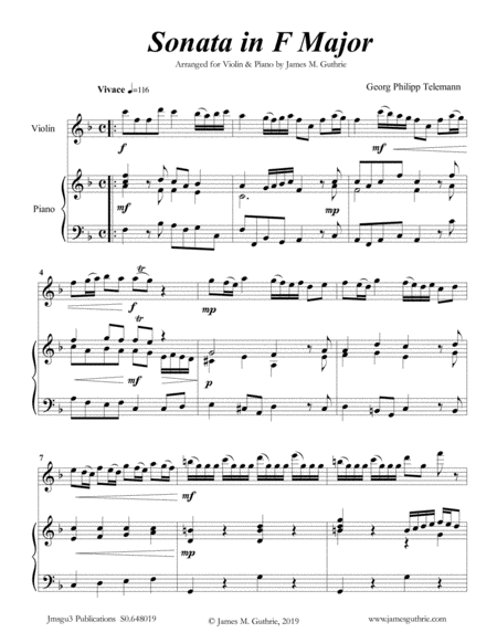 Free Sheet Music Telemann Sonata In F Major For Violin Piano