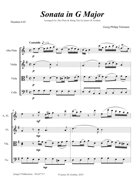 Free Sheet Music Telemann Sonata In G Major For Alto Flute String Trio