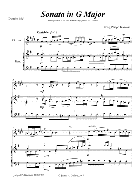 Telemann Sonata In G Major For Alto Sax Piano Sheet Music