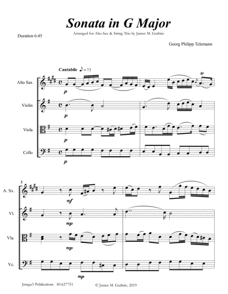 Telemann Sonata In G Major For Alto Sax String Trio Sheet Music