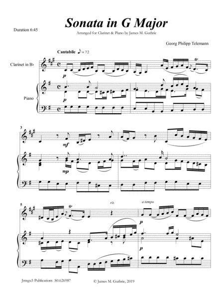 Telemann Sonata In G Major For Clarinet Piano Sheet Music