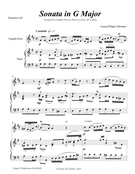 Free Sheet Music Telemann Sonata In G Major For English Horn Piano