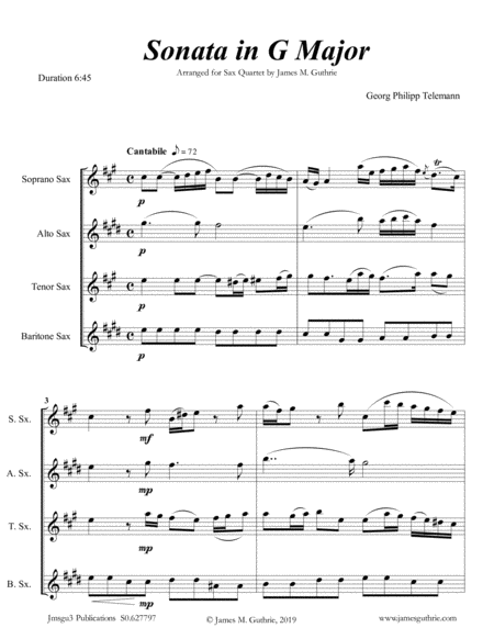 Telemann Sonata In G Major For Sax Quartet Sheet Music