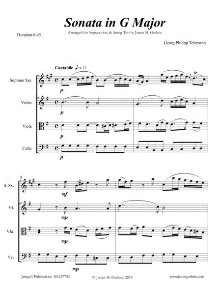 Free Sheet Music Telemann Sonata In G Major For Soprano Sax String Trio