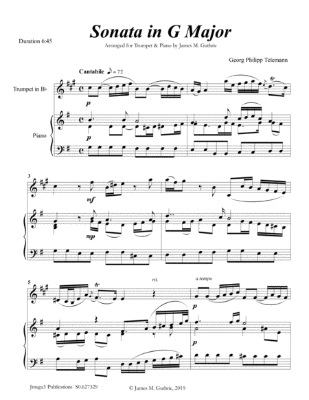 Telemann Sonata In G Major For Trumpet Piano Sheet Music