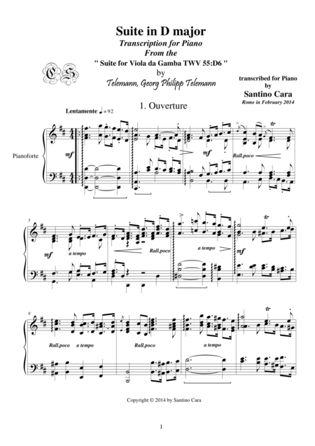 Telemann Suite In D Major For Piano 1 Ouverture Twv 55 D6 Sheet Music