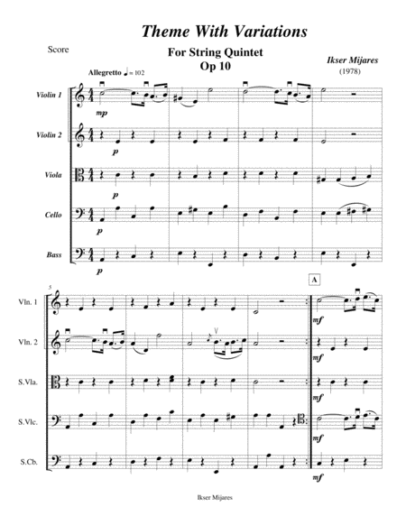 Tema Con Variaciones For String Quintet Sheet Music