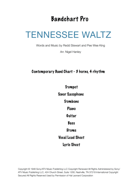 Tennessee Waltz 7pc E Country Band Chart Sheet Music