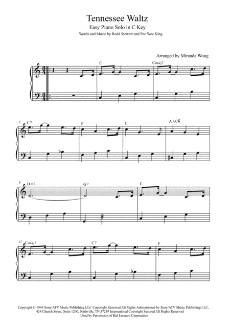 Tennessee Waltz Easy Piano Solo In C Key With Chords Sheet Music