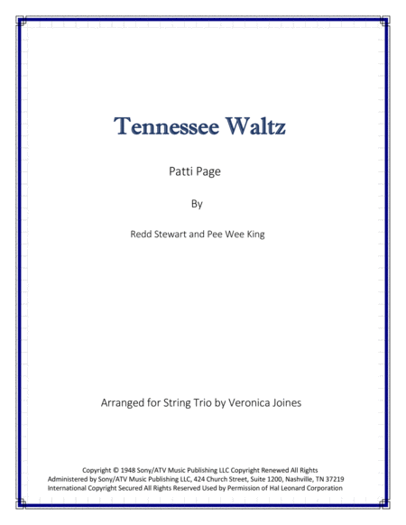 Tennessee Waltz For String Trio Violin 1 Violin 2 Cello Sheet Music