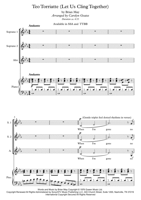 Teo Torriatte Let Us Cling Together Queen For Ssa Piano Sheet Music