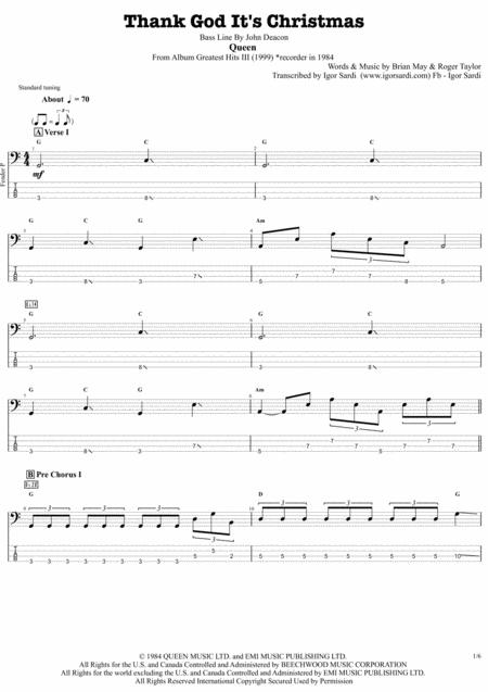 Thank God It Christmas Queen John Deacon Complete And Accurate Bass Transcription Whit Tab Sheet Music