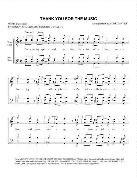 Free Sheet Music Thank You For The Music Ttbb