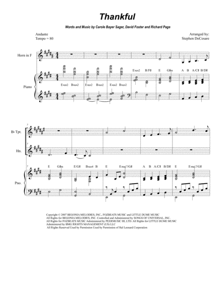 Free Sheet Music Thankful Duet For Bb Trumpet And French Horn