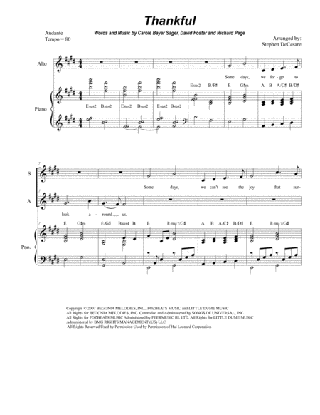 Free Sheet Music Thankful Duet For Soprano And Alto Solo