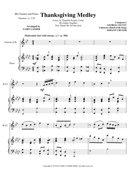 Free Sheet Music Thanksgiving Medley Clarinet Piano With Clarinet Part